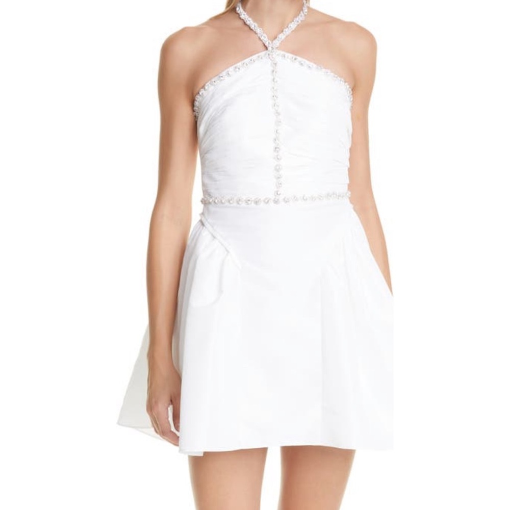 Self-Portrait Diamanté Trim White Taffeta Mini Dress